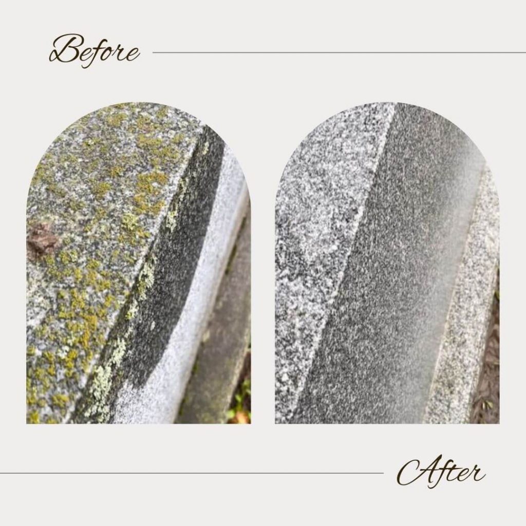 Before and after of monument cleaned from moss and lichen