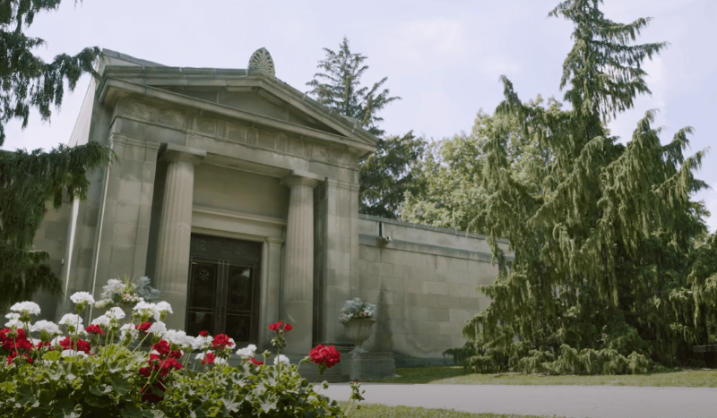 A photo of the outside of the Mausoleum at Woodlawn Memorial Park.
